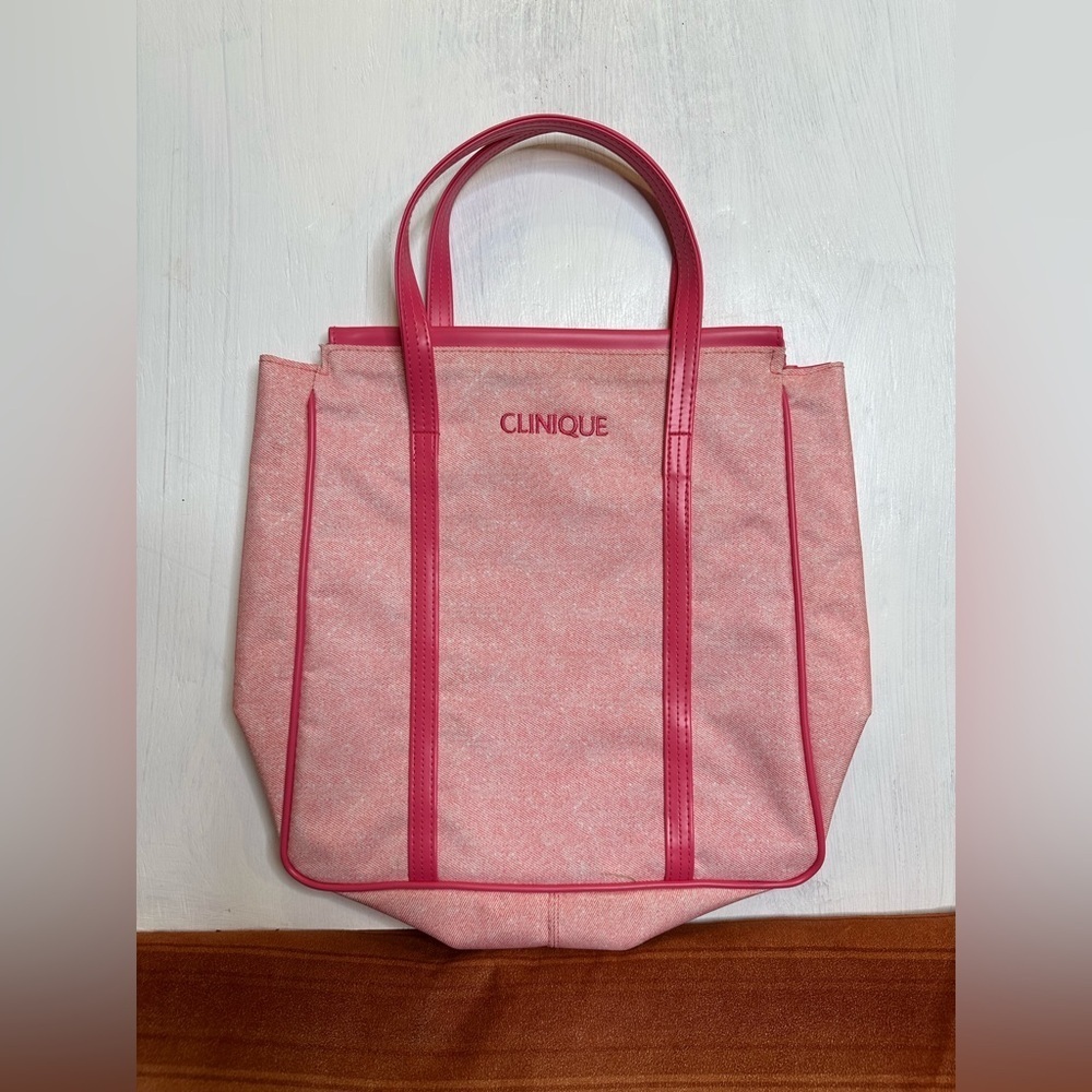Clinique Pink Tote Bag Polyester PVC Trim Large Shoulder Shopper Makeup Travel